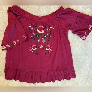 Umgee Burgundy Embroidered Top, Wide Boat or Off the Shoulder neck, Size XL